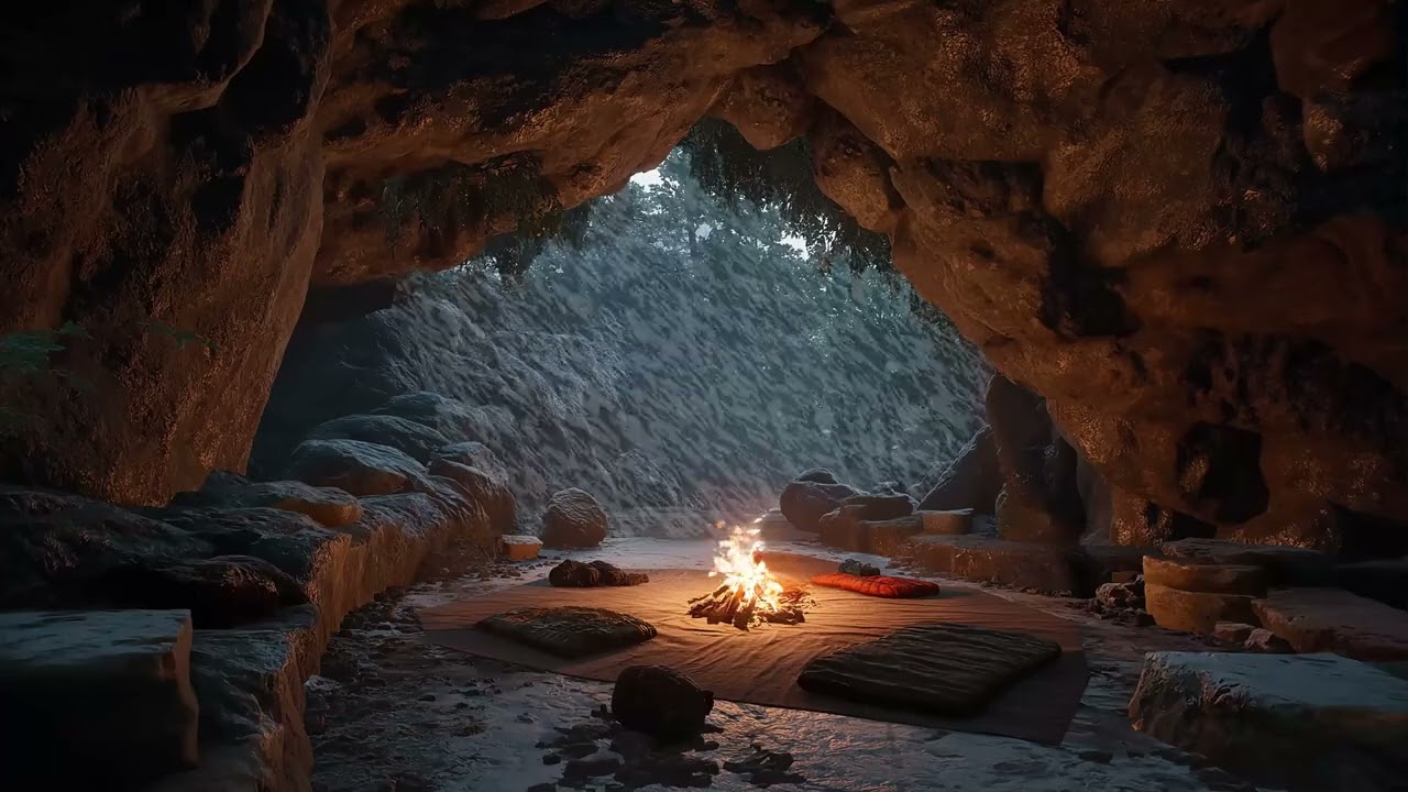 Snowy Winter Cave Ambience ❄️ | Fireplace & Blizzard Sounds for Peaceful Sleep, Focus & Study Time