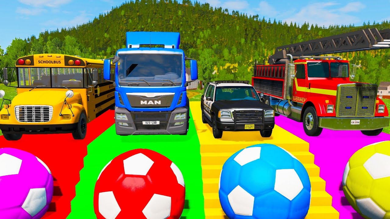 Double Flatbed Trailer Truck rescue Bus - Cars Racing - Cars vs Trains