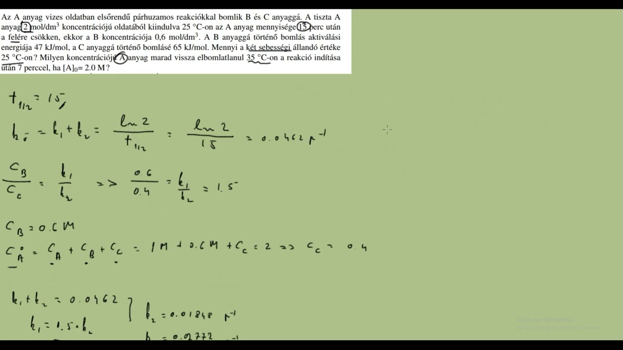 Reakciókinetika feladatok - Párhuzamos reakciók
