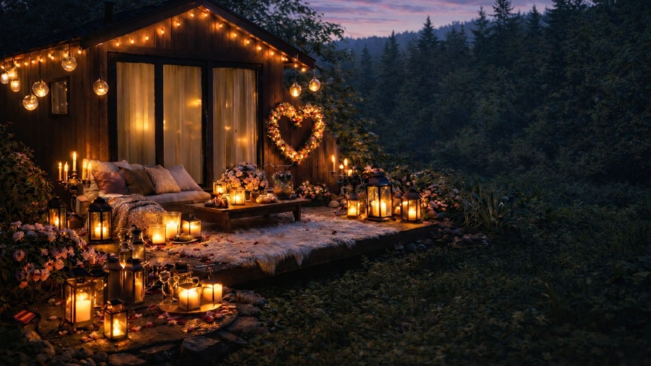 Relaxing Piano Music at Cozy Forest Cabin | Soft Evening Ambience & Romantic Lights