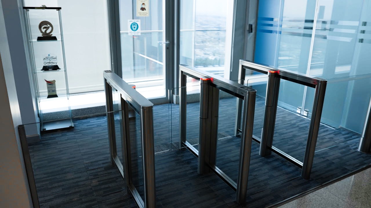 Speed gates, motorized swing gates at the office of an international company, Riyadh, Saudi Arabia