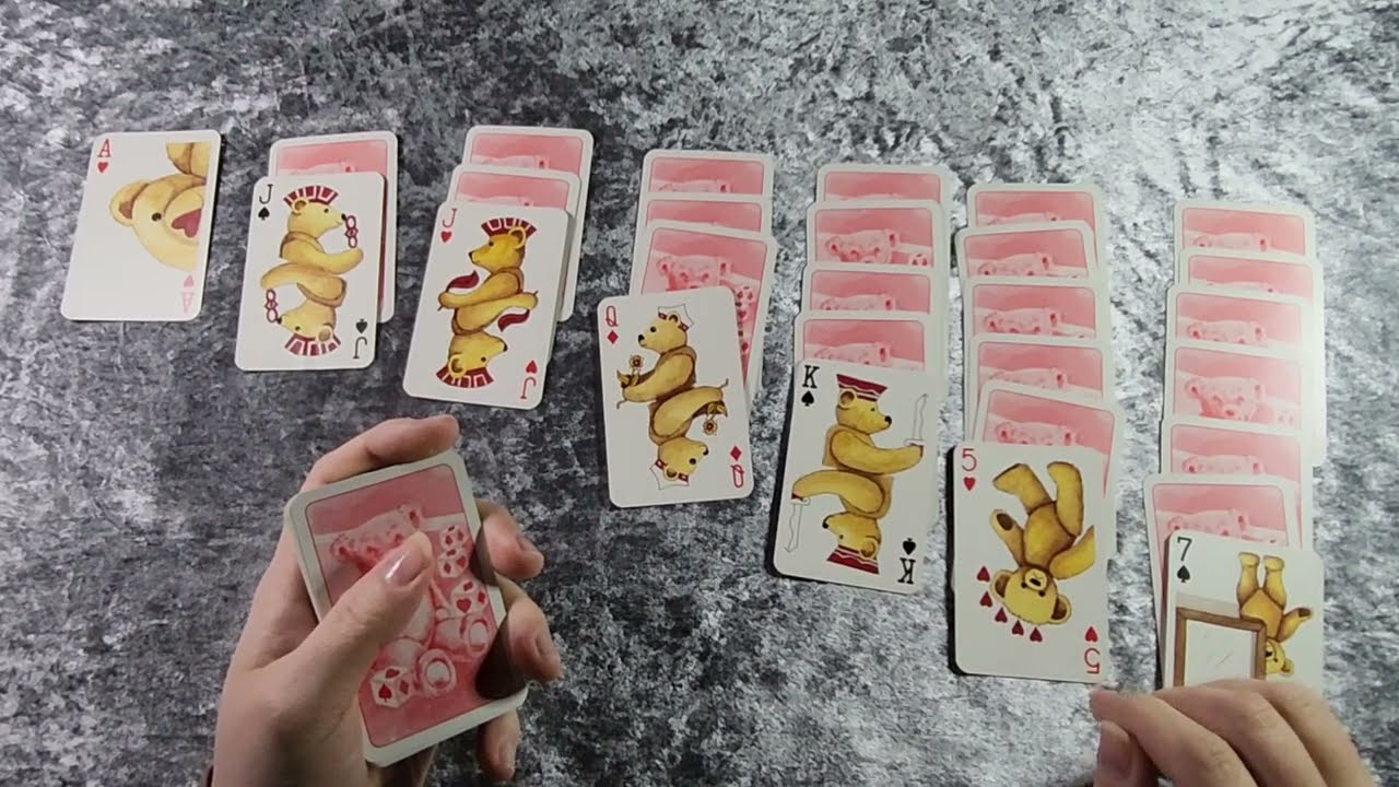 Solitaire with teddy bear cards | Whispered, playing card sounds, shuffling, dealing