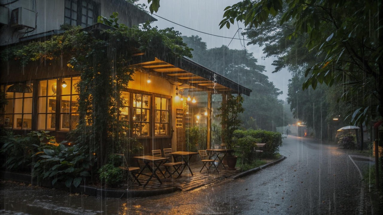 Street Cafe Rain Music for Sleep With Rainfall | Calm Ambience, Fall Asleep Instantly
