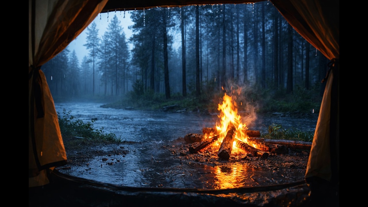 Heavy Rain on Tent in Dark Pine Forest with Campfire & River Sounds for Deep Sleep (8 Hours)