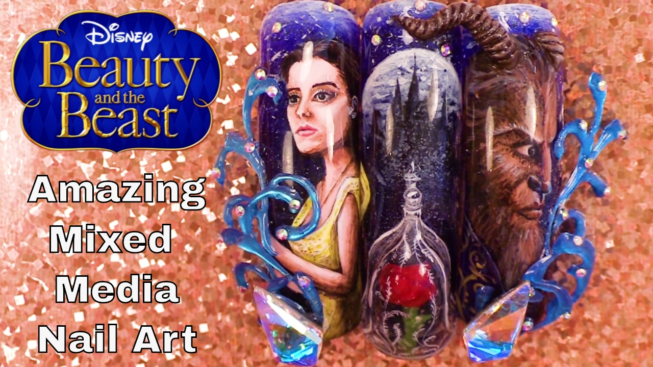 Beauty and the Beast - Mixed Media Nail Art - Hand Painted, 3D Acrylic, 3D Hard Gel Design