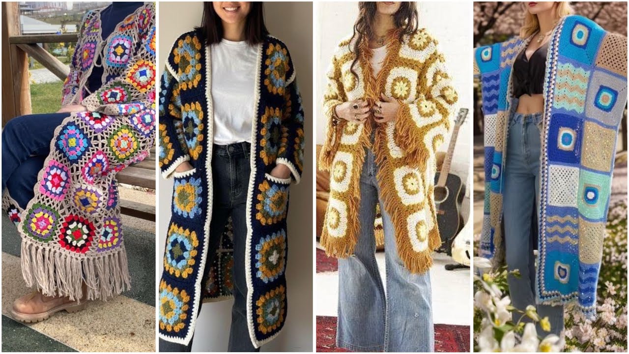 Very long granny crochet square pattern cardigan/jackets designs ideas 