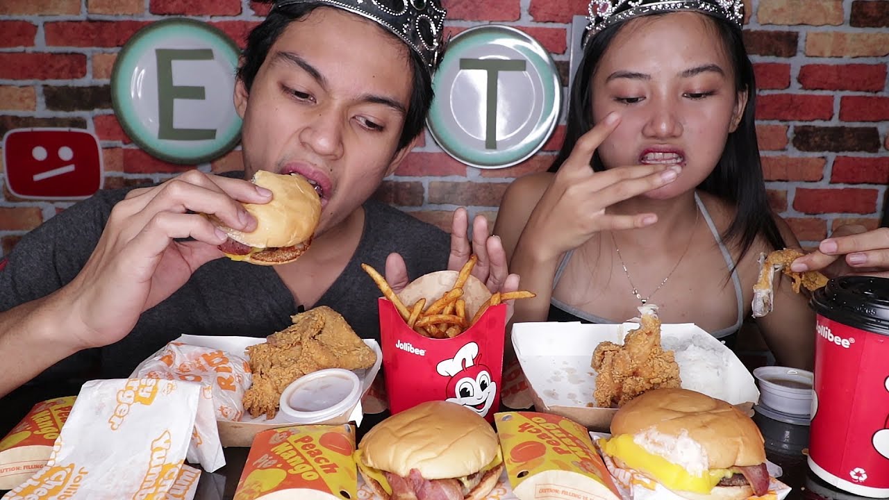 [Mukbang] Bacon Cheesy Yumburger Spicy Fries Peach Mango Pie
