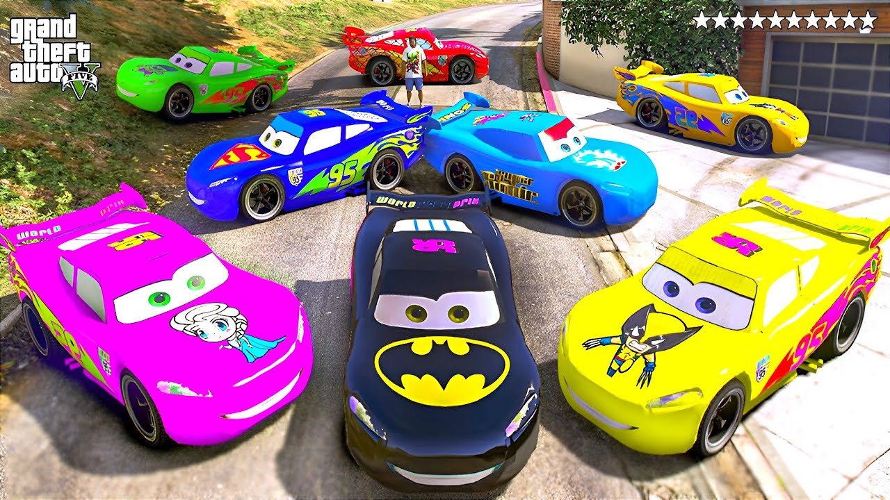 GTA 5 - Stealing SUPERHERO MCQUEEN Cars with Franklin! (Real Life Cars #52)