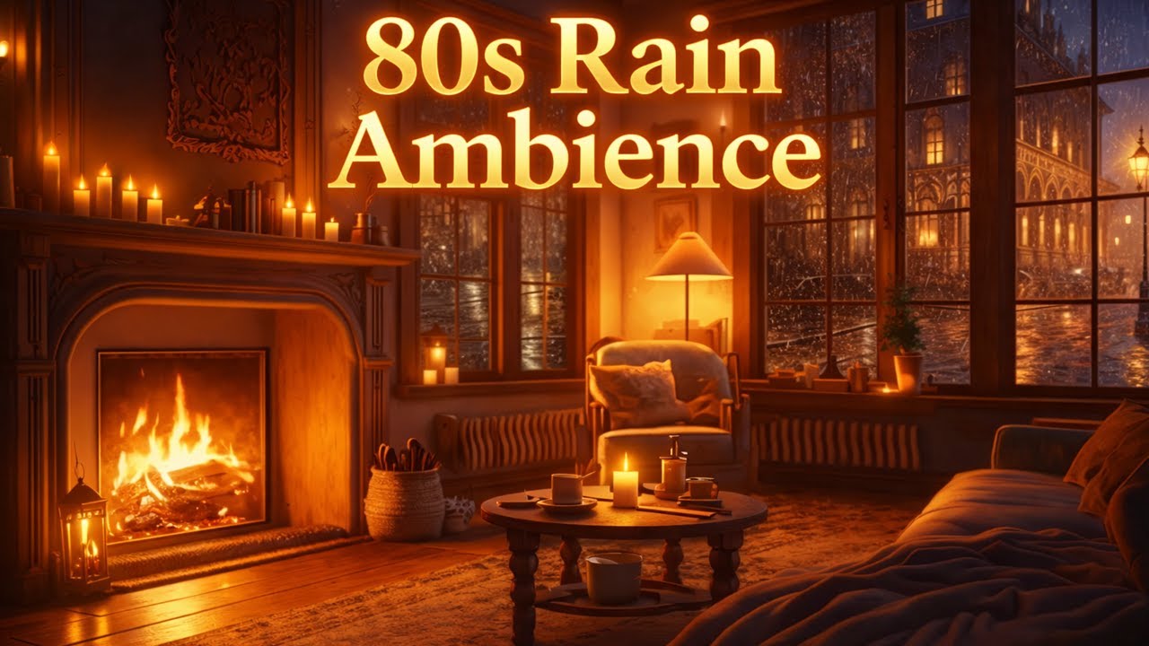 3 Hours of Cozy 80s Synthwave 🌧️ Rain & Fireplace Ambience