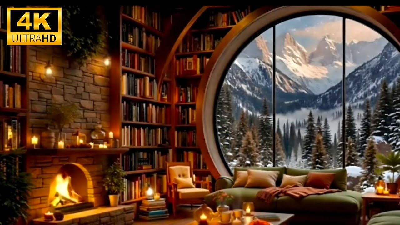 Luxury Cozy Library Jazz ❄️ Winter Fireplace & Snowy Silence for Reading Time