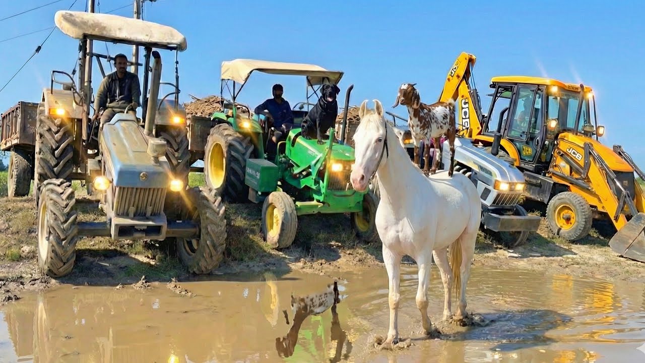 New JCB 3dx Eco Xpert Backhoe Machine Loading Mud With Mahindra Tractor Trolley And TATA Dump Track 