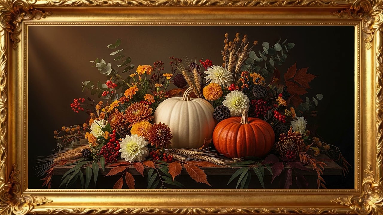 Autumn Harvest Still Life |  Cozy Fall Pumpkins & Flowers | TV Screensaver Wall Art (4K Ambient)