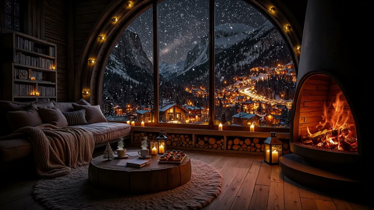 Sleep Better in a Winter Cozy Cabin ❄️ Fireplace Crackling & Snowfall Sounds for Peaceful Deep Sleep