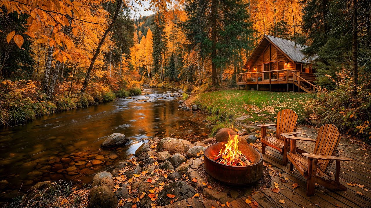 You’re Sitting by a Riverside Cabin 🔥🍂 Firepit Crackles & Gentle Birdsong in the Autumn Forest