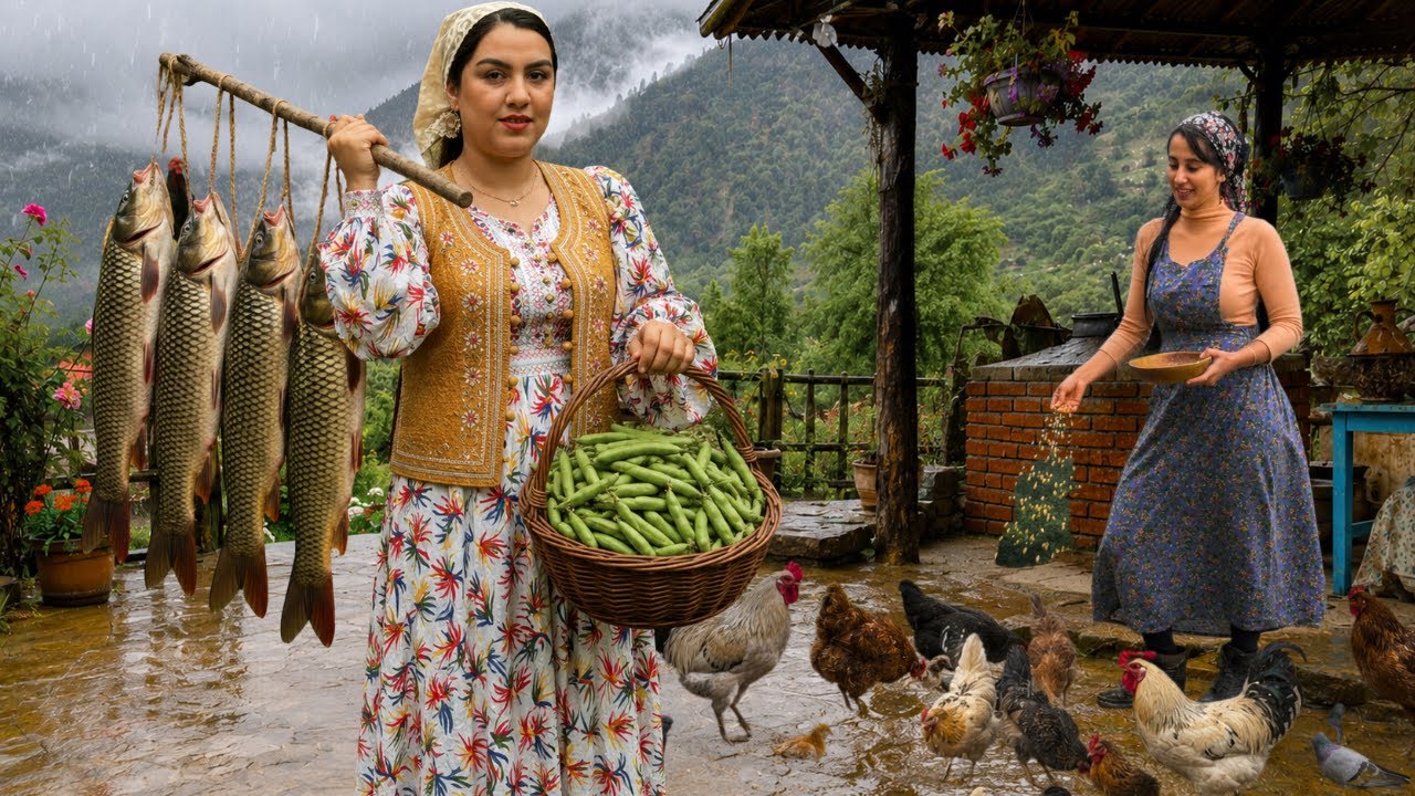  Rainy Village Life in Northern Iran : Cooking Georgian Stuffed Carp Fish in a Clay Oven 🐟🔥🌧️