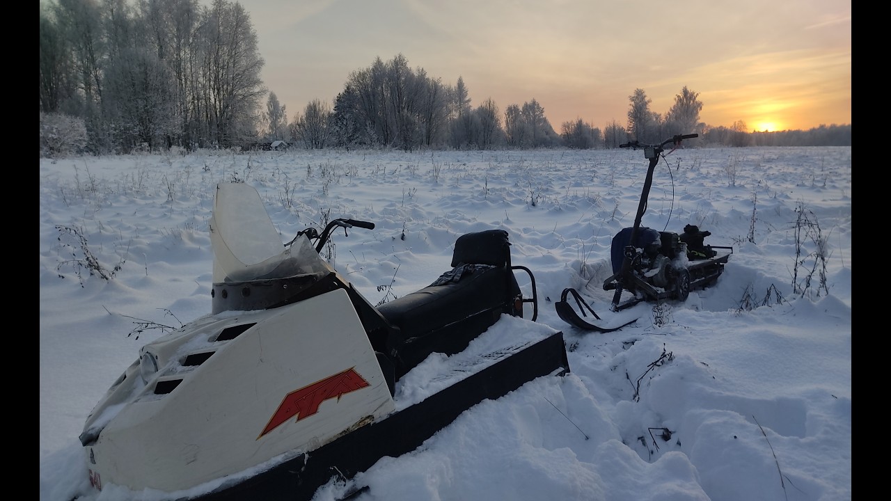 Глубокий снег на снегокате и буране,  дорога через хилово
