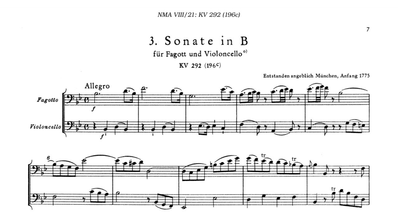 Wolfgang Amadeus Mozart: Sonata for Bassoon and Cello, K.292/196c (1775)