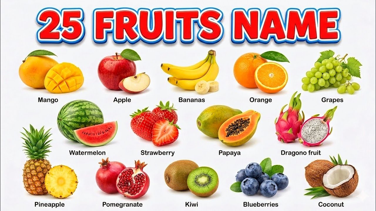 25 Fruits Name English and English | Fruits Name & Pictures | Fruits Name & Sound | 25 फलों के नाम
