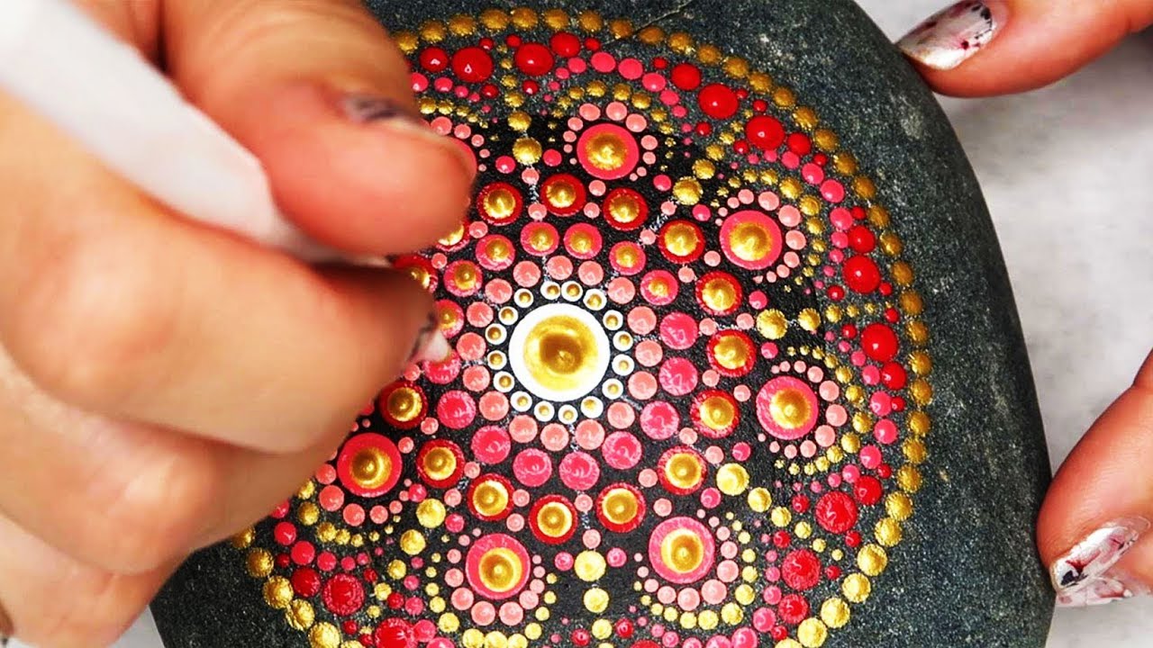Time Lapse Mandala Rock Painting in Red and Gold dots. Mandala pattern ideas demonstration