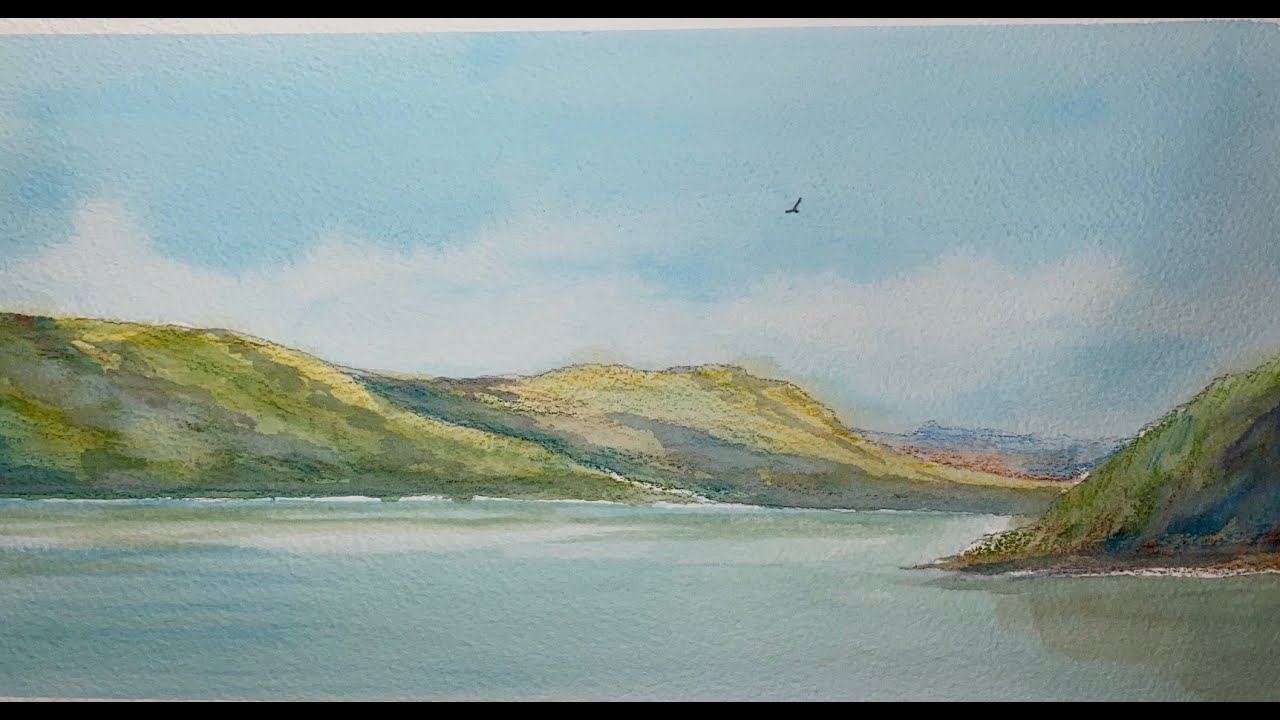 Quick watercolour pencils study of mountains and lake.