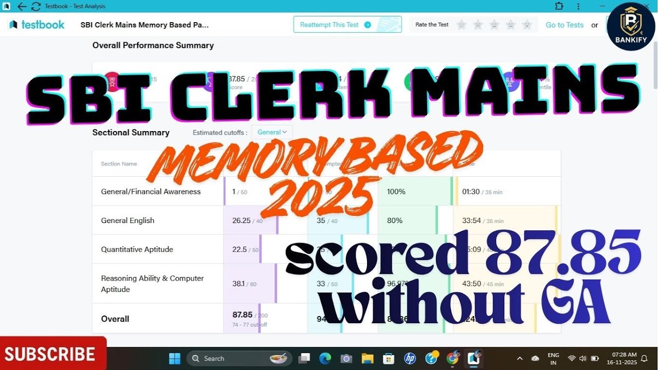 🎯SBI Clerk Mains Memory Based 2025 TESTBOOK🚀 | Scored 87.85 without GA🔥 | BANKIFY #sbi #banker