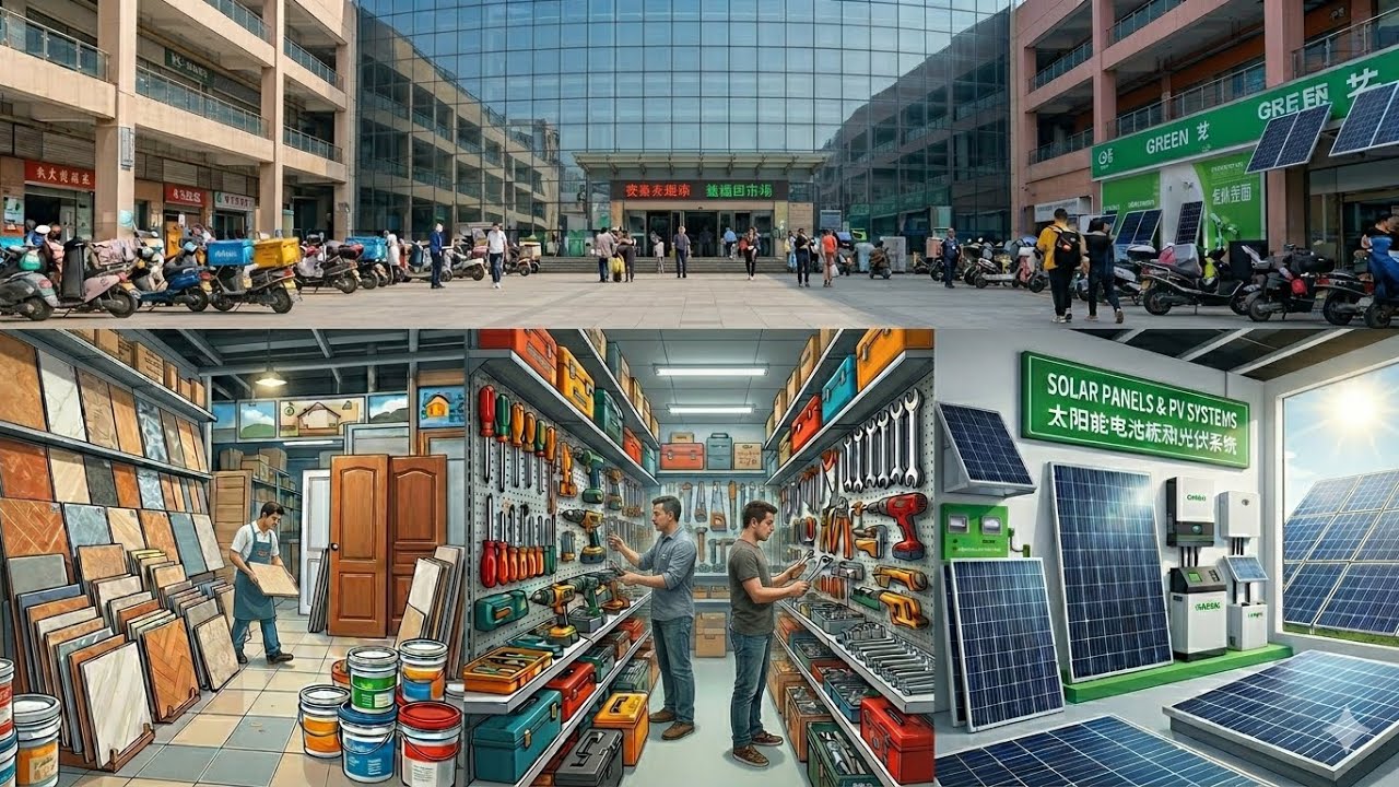Рынок Футьян в Иу: стройматериалы, инструменты и солнечные панели