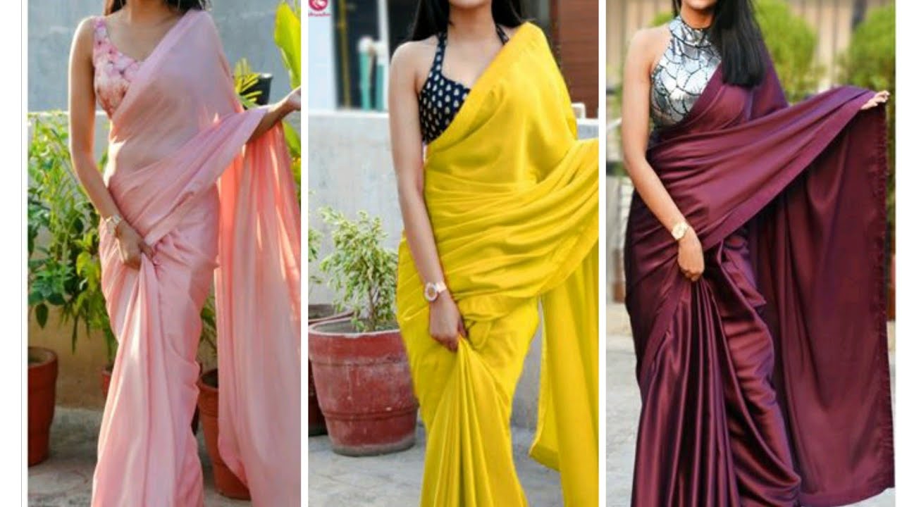 satin saree with contrast blouse # latest design of satin saree 2021😍