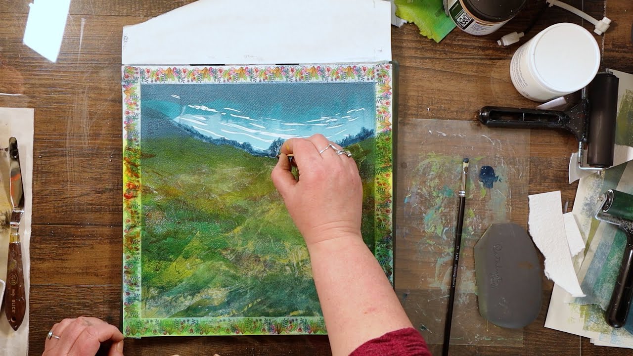 Time lapse of an abstract landscape on a gelli plate using a mask