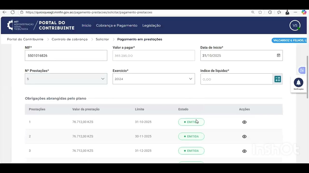 Solicitação de Pagamento de impostos por prestações. 