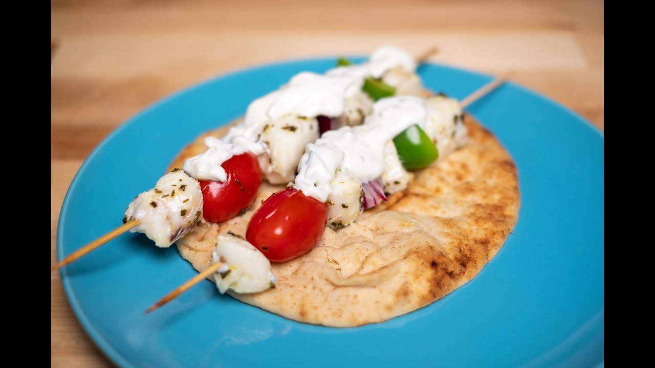 Cod Souvlaki with Pita and Cucumber Yogurt Sauce