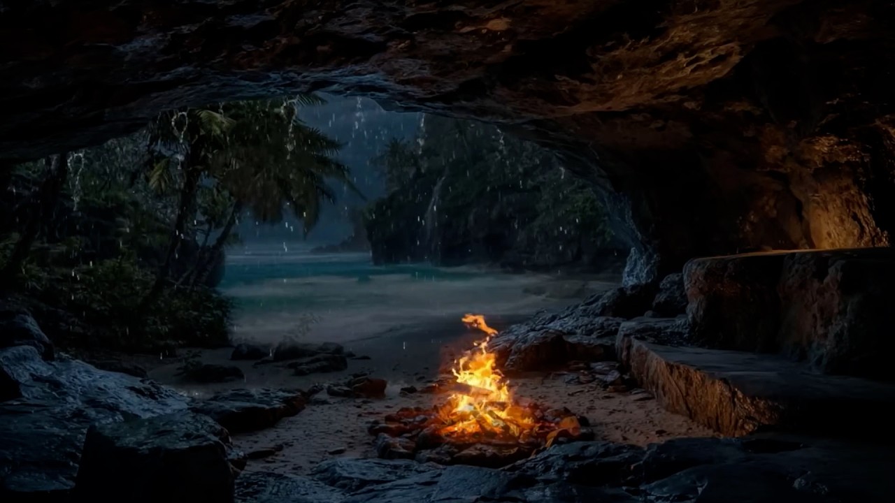 Cozy Beach Cave Ambience ⛈️ Heavy Rain, Crackling Fire & Relaxing Ocean Waves for Sleep 😴✨