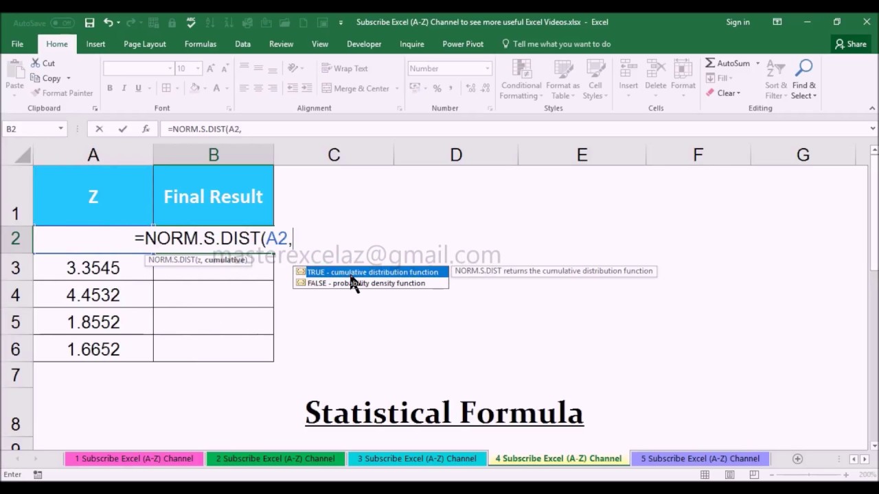 NORM.S.DIST Statistical Function with Example in MS Office Excel Spreadsheet 2016
