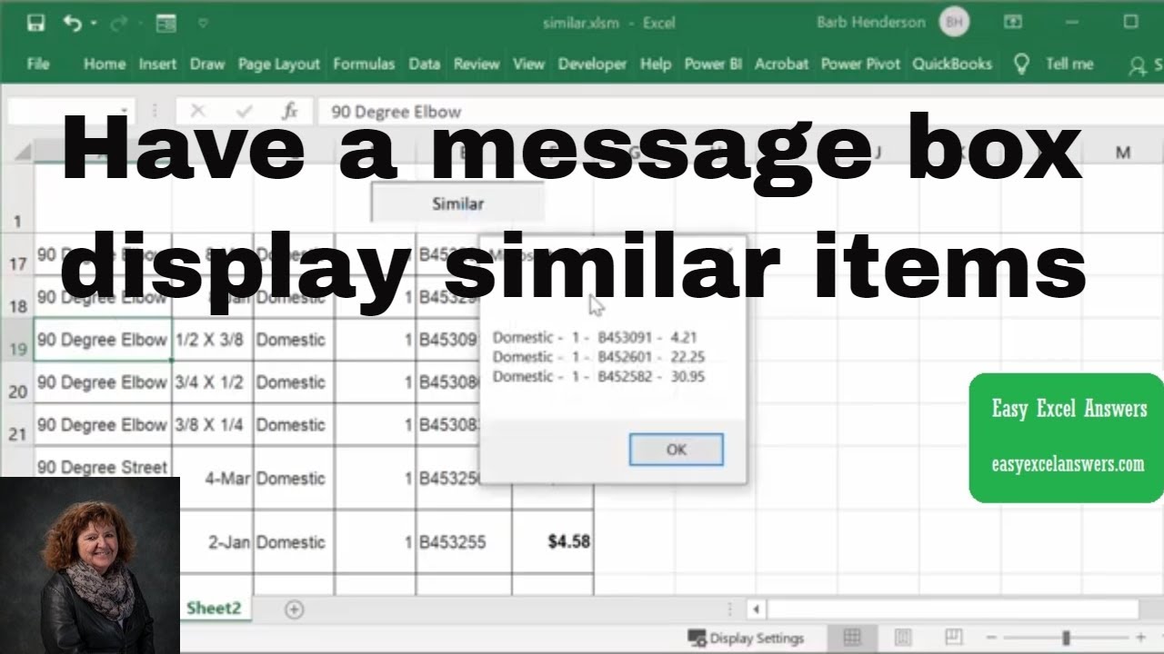 Have a message box display similar items in Excel