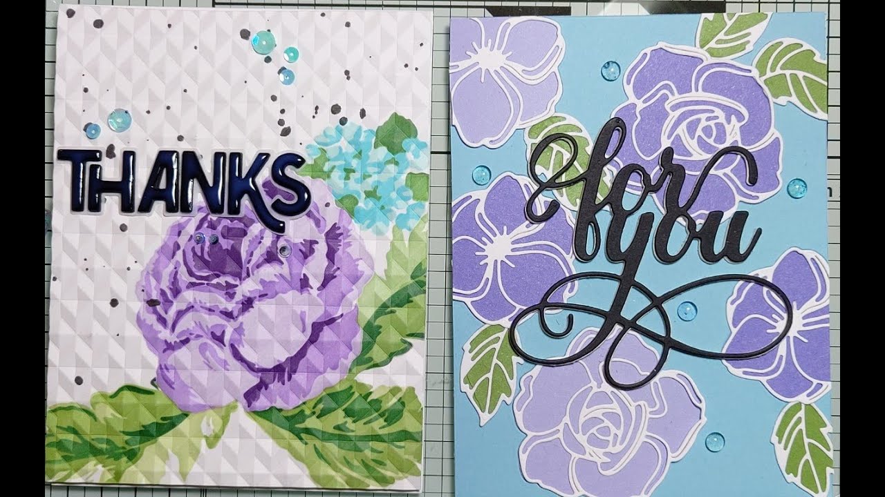 Die cutting, colouring with stencils & embossing - 2 cards, Altenew floral doodles, tranquility rose