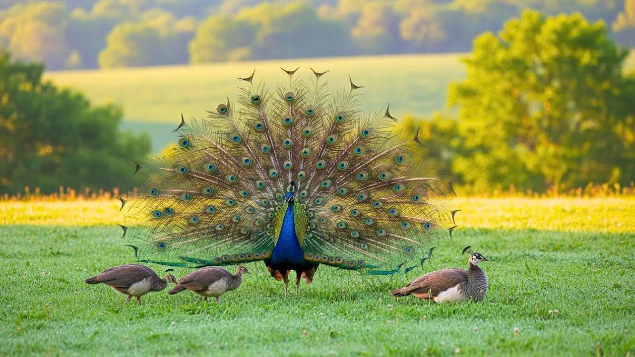 Beautiful peacocks frolic on the green grass in the backyard - Peacocks video