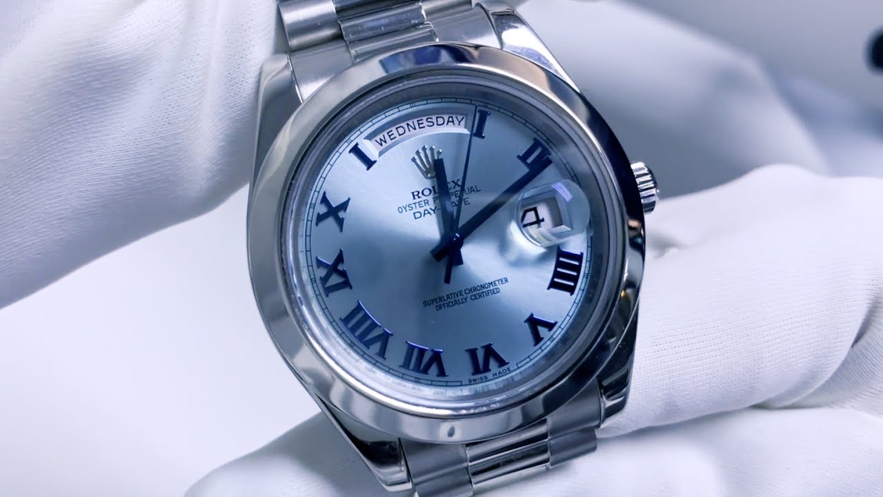 Rolex Day Date II Platinum Ice Blue Roman 218206 | WATCHGUYNYC