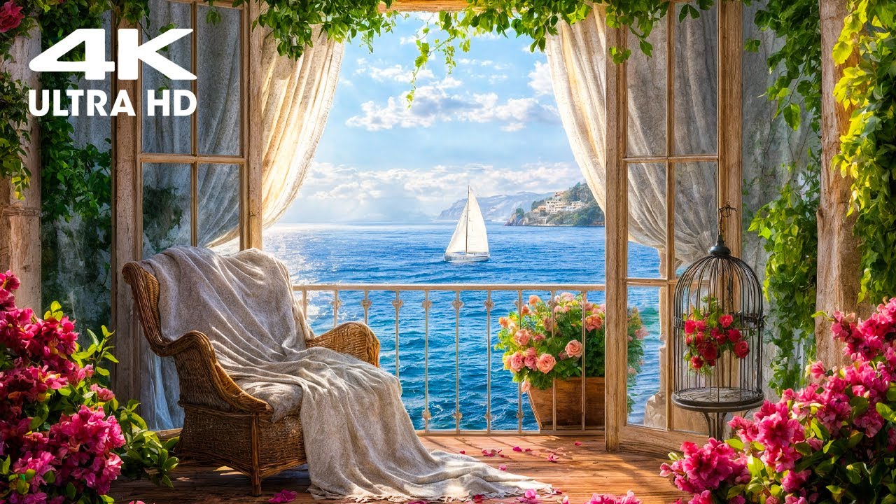 Spring Is in the Air 🌸 | Little Seaside Balcony with Gentle Nature Sounds – 4K Ambience