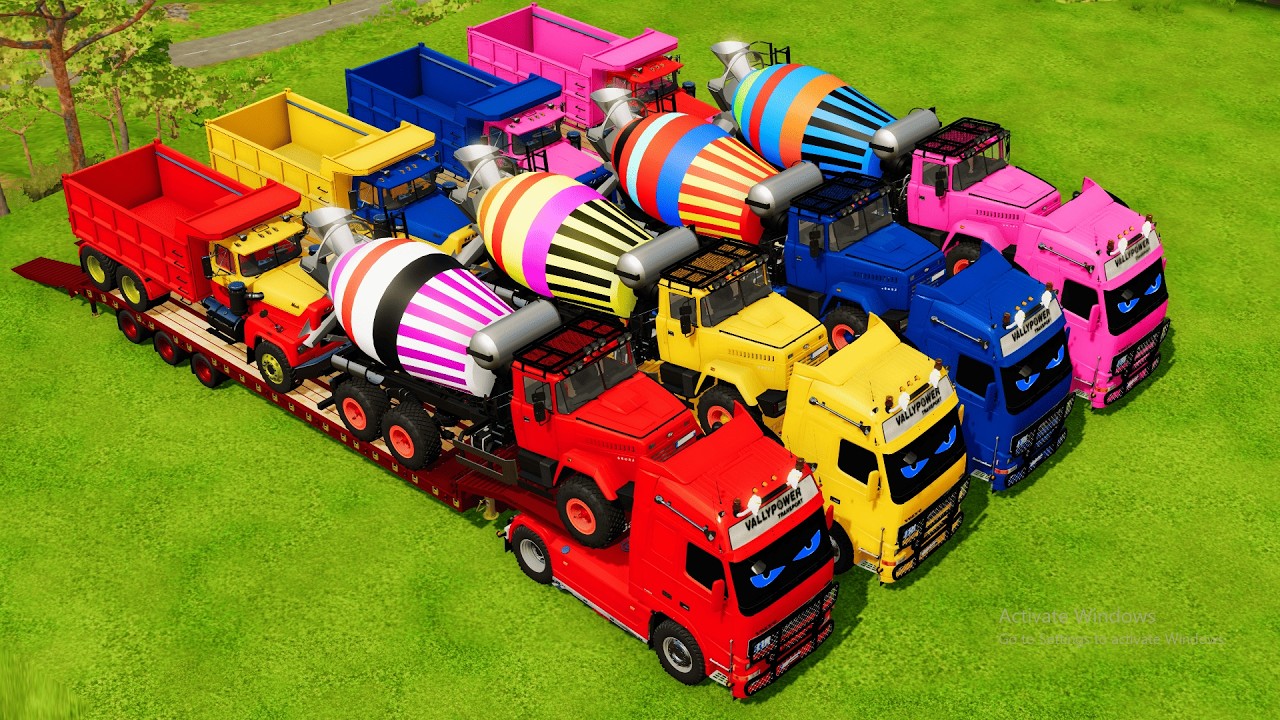 Volvo Truck Transporting Lizard Cement Mixer & Mack Dump Truck to the Colorful Garage | FS22