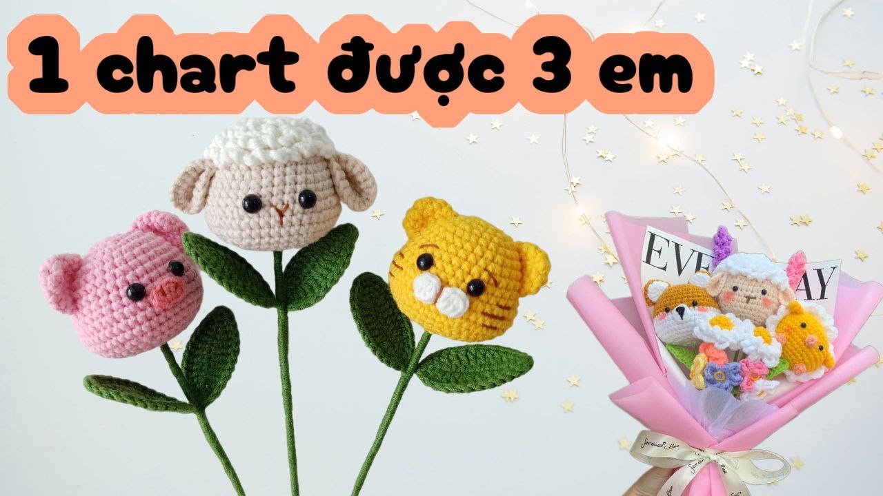 Crochet animal flowers | Hướng dẫn móc hoa đầu thú: hoa heo, hoa cừu, hoa hổ