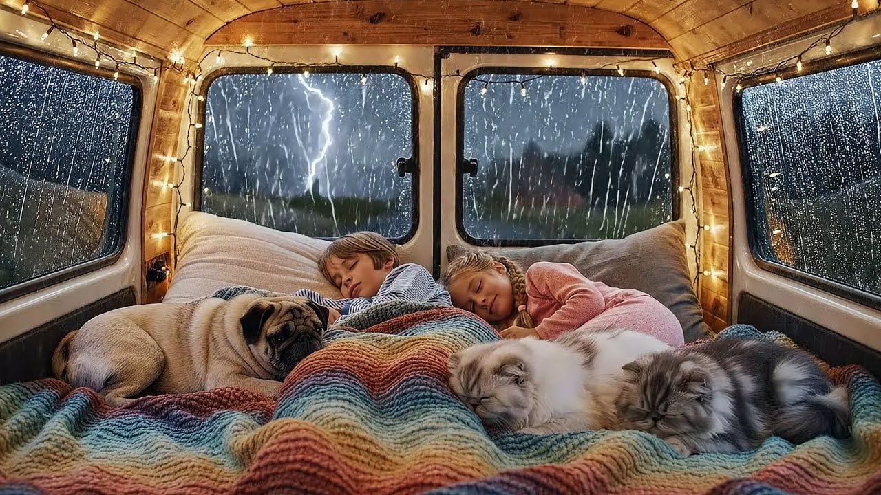 Family Van Life: 2 Kids & 3 Pets Sleeping at the Forest Edge during a Storm