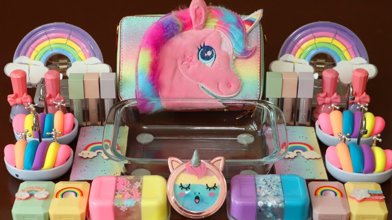 Mixing”Unicorn Rainbow” Eyeshadow and Makeup,parts,glitter Into Slime!Satisfying Slime Video!★ASMR★