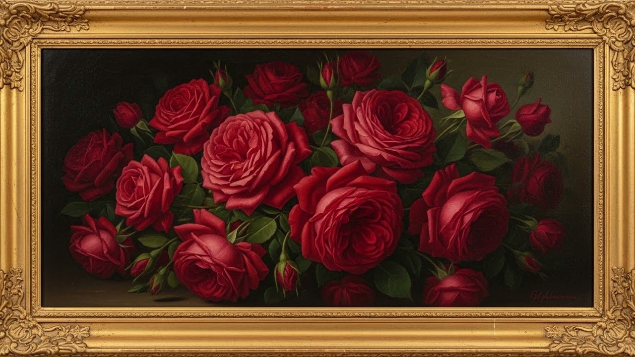 Framed TV Art Screensaver | Red Roses Painting with Gold Frame | 8 Hours