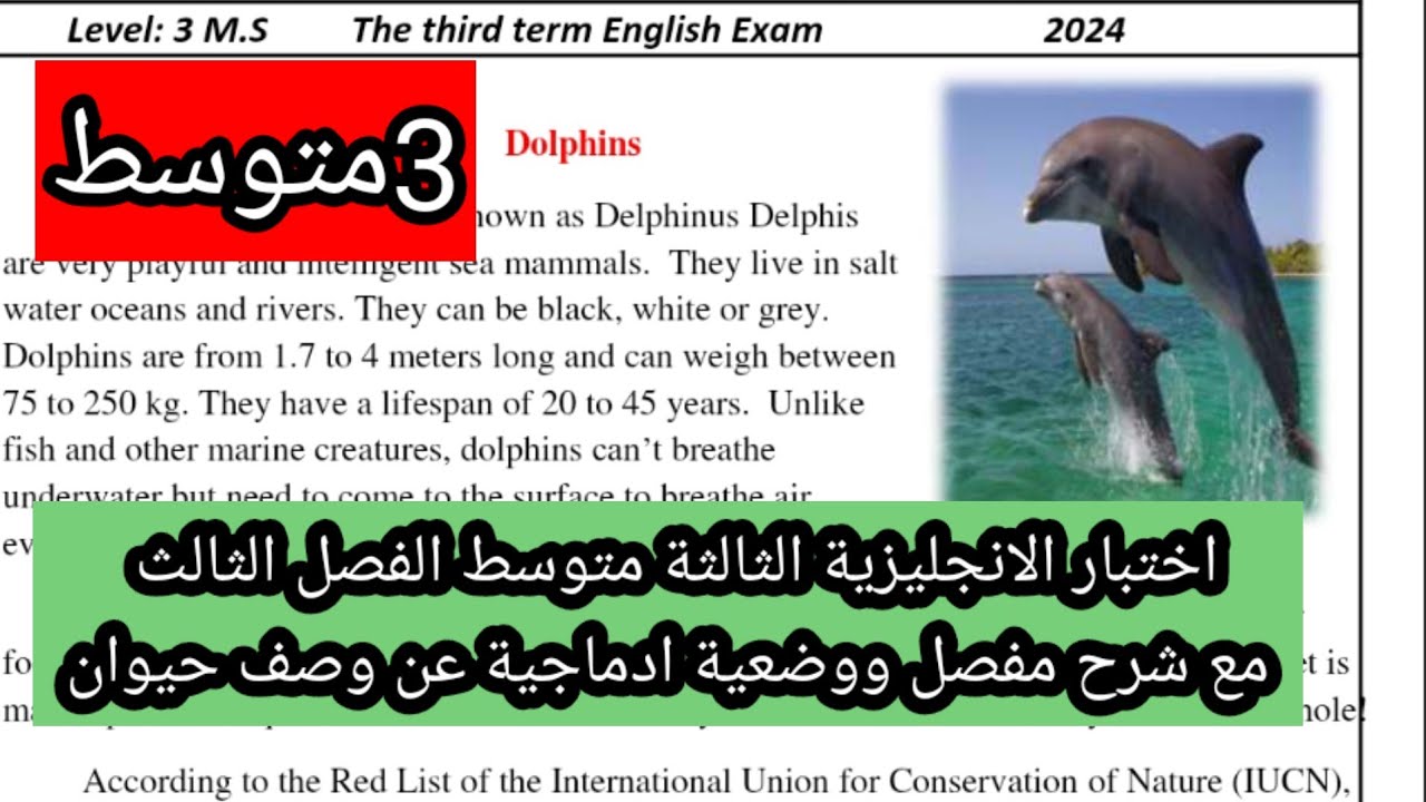 اختبار الانجليزية الثالثة متوسط الفصل الثالث مع شرح مفصل ووضعية ادماجية عن وصف حيوان