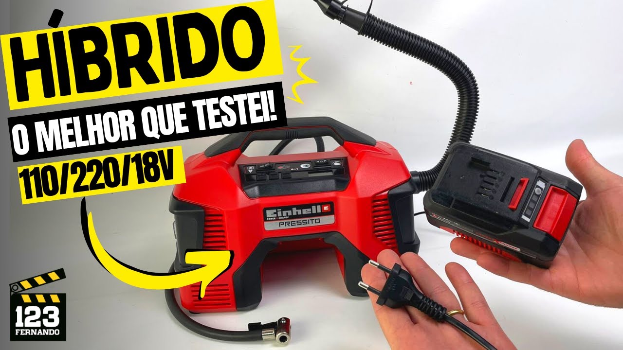 6 EM 1 HÍBRIDO! PRESSITO COMPRESSOR DE AR EINHELL FUNCIONA NA TOMADA E NA BATERIA, ALTA E BAIXA PRES