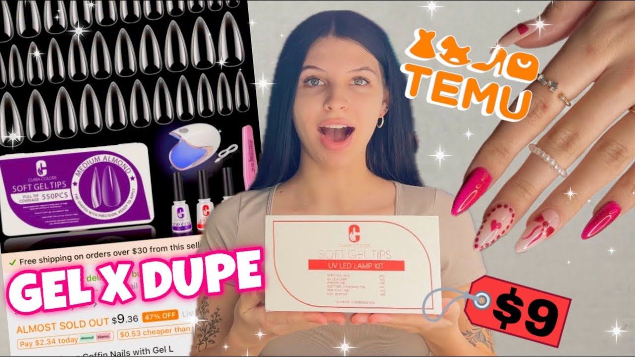 TRYING $9 GEL X DUPE NAIL KIT FROM TEMU | FULL COVER SOFT GEL NAIL TIPS | AFFORDABLE NAILS AT HOME