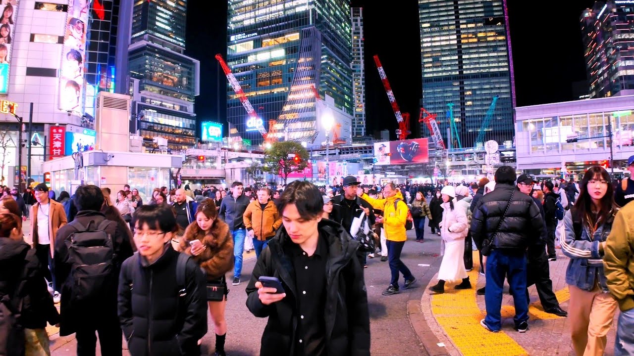 Shibuya night view and walking tour. Tokyo, Japan. 