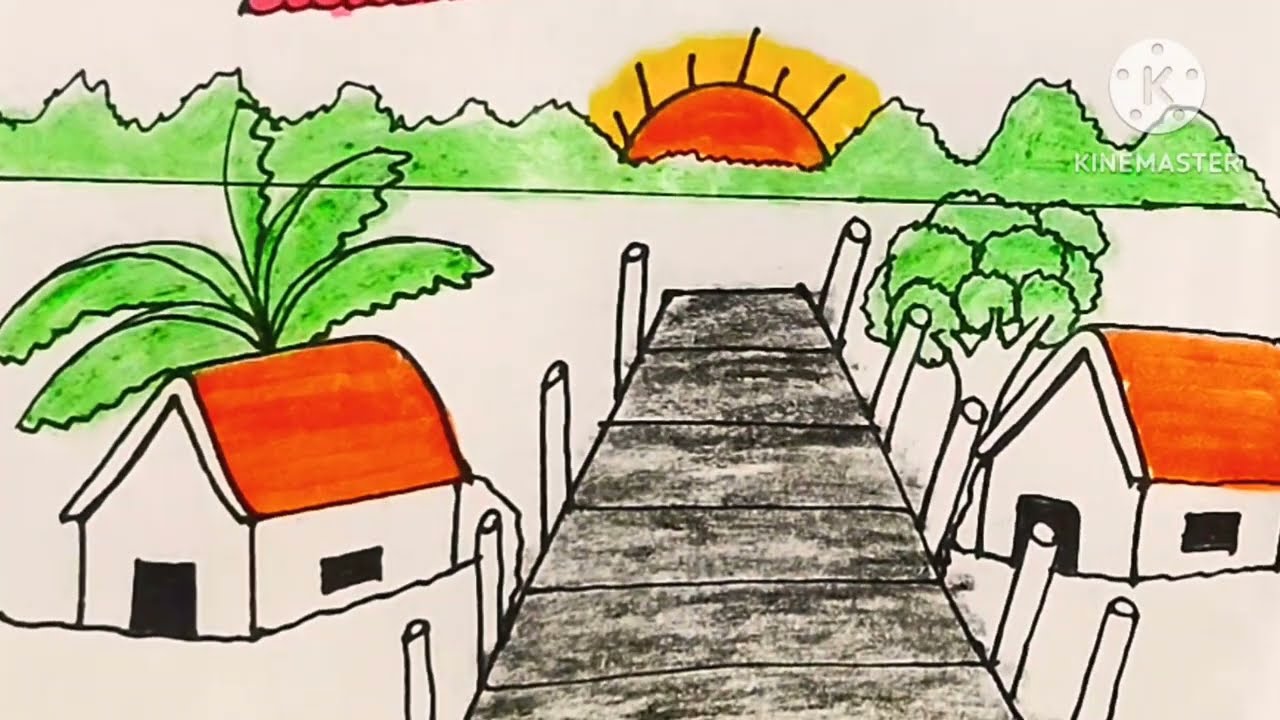 VERY EASY RIVERSIDE CIRCLE SCENERY DRAWING ll EASY BEAUTIFUL COLORING STEP BY step Circle scenery 