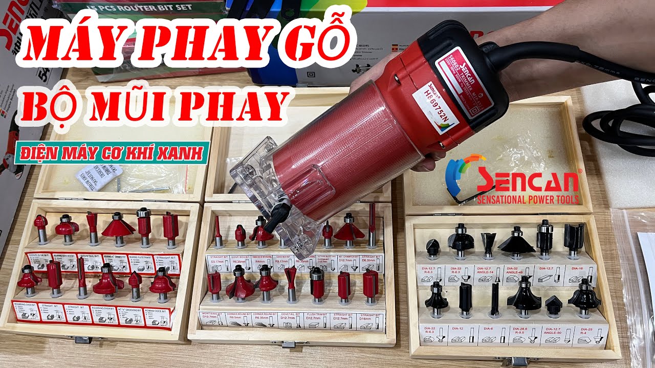 Máy Phay Gỗ Cầm Tay SenCan & Bộ Mũi Phay Cơ Bản 12 Mũi - 15 Mũi