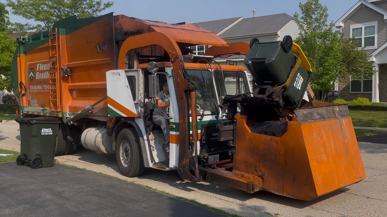 Flood Bros Mack LE McNeilus Garbage Truck Eating Heavy Post Memorial Day Recycle out of SSI Q Carts