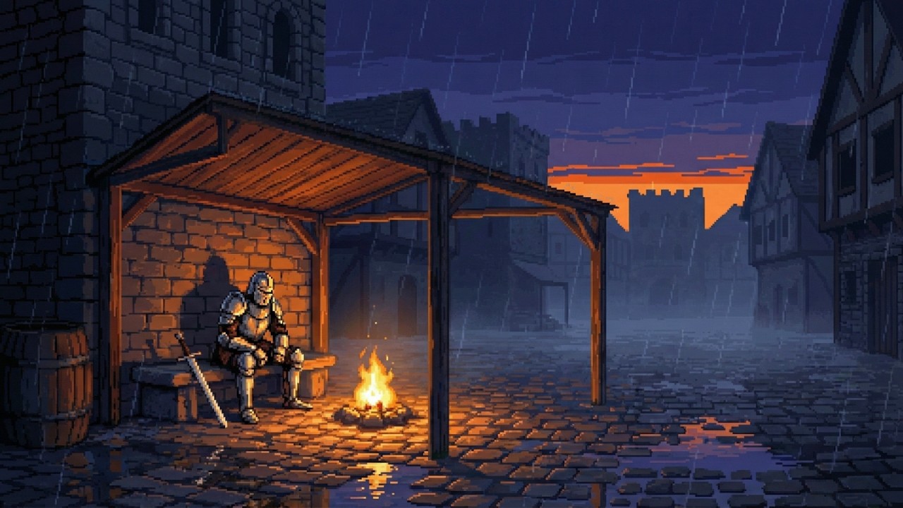 Música medieval con lluvia y fogata para relajación profunda | Refugio en pueblo medieval  (3 horas)
